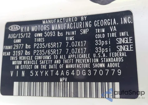 2013 Kia Sorento Lx from USA, damaged, VIN 5XYKT4A64DG370779